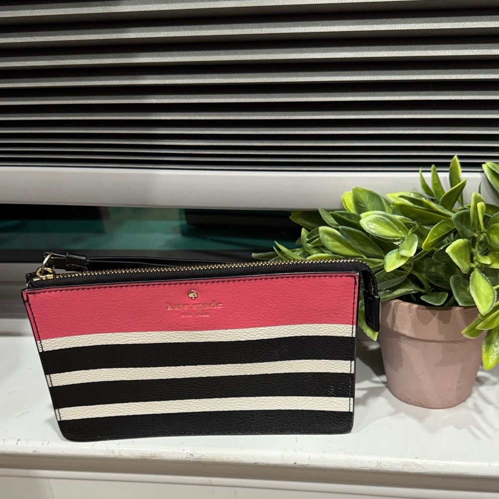 Kate Spade Black and Pink Striped Wristlet